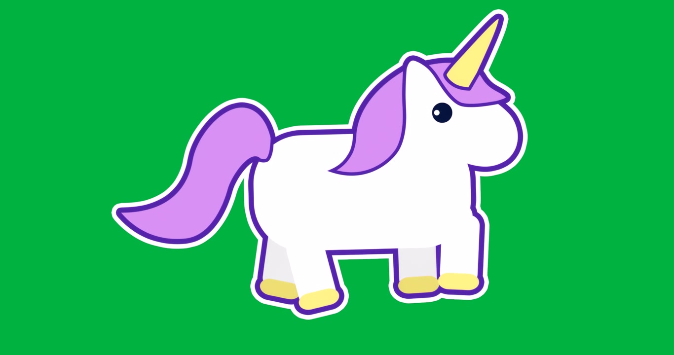 Graphic design showing unicorn sticker popping on transparent background, overlapping purple frame