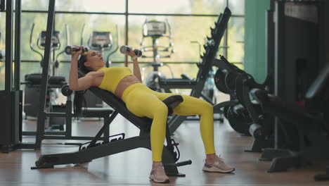 Determinada-Atleta-Hispana-Haciendo-Press-De-Banca-Con-Pesas-En-El-Gimnasio.-Una-Joven-En-Forma-Haciendo-Un-Press-De-Banca-Con-Mancuernas-En-Un-Pequeño-Gimnasio.-Culturista-Femenina-Musculosa-Tumbada-En-El-Banco-Y-Haciendo-Pesas