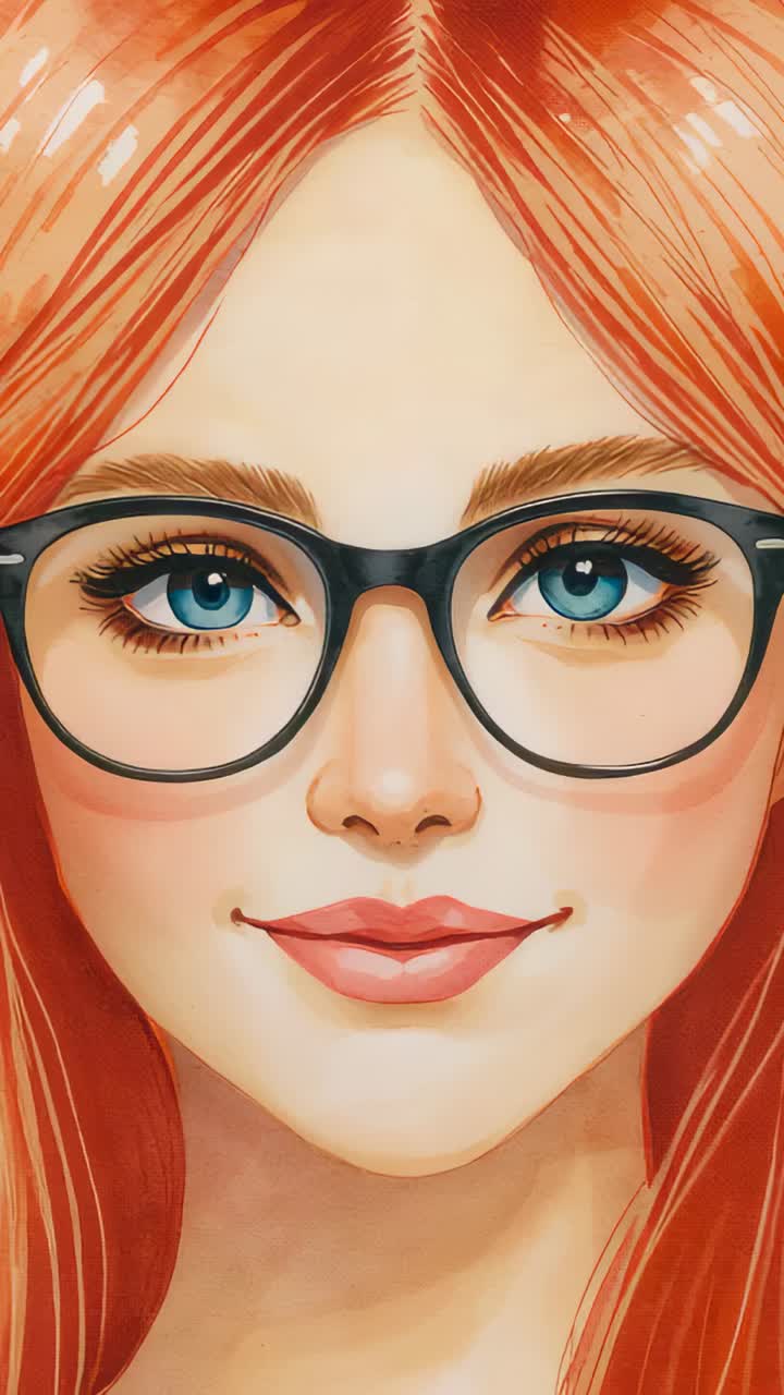 Vertical video: Holding face, camera panning down showing studio artwork with red hair and glasses