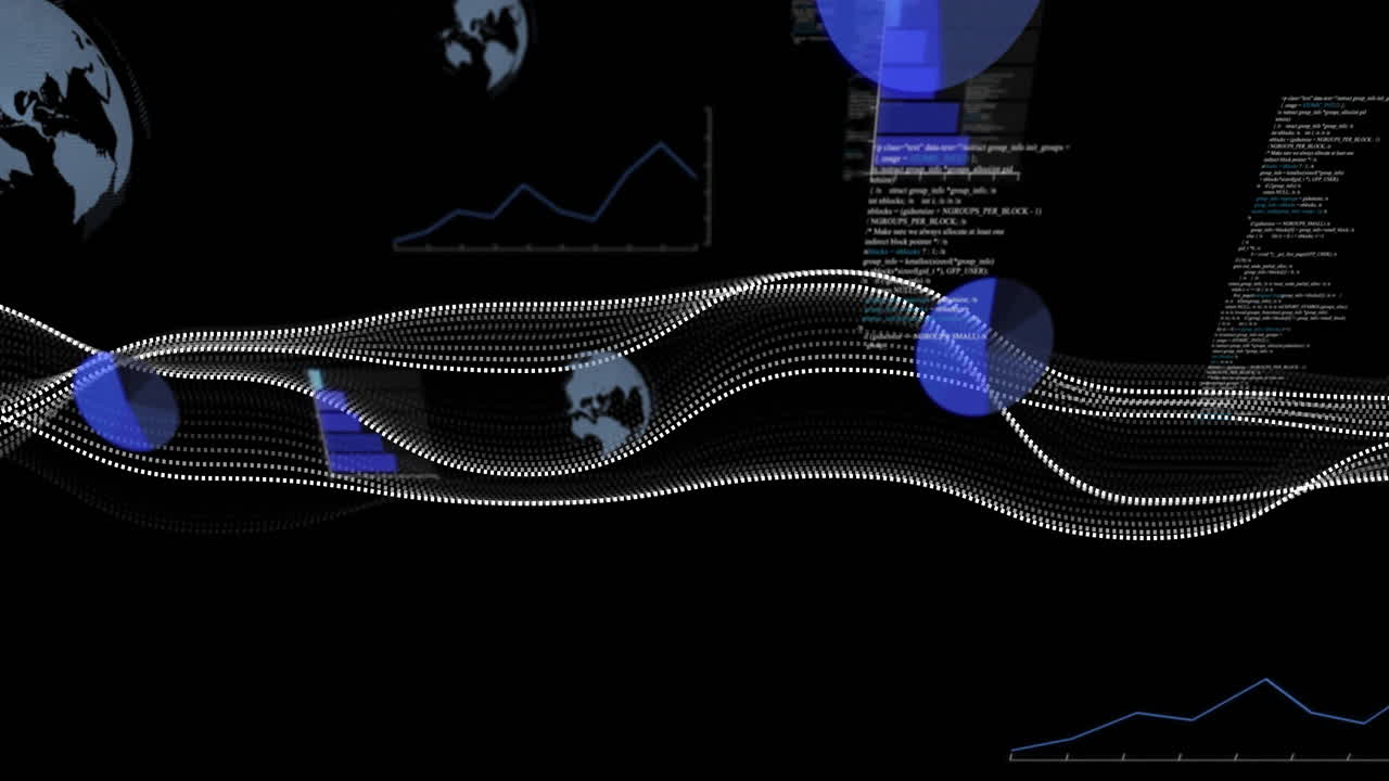 Flowing white dotted waves being rendered on dark background, highlighting blue circles and charts