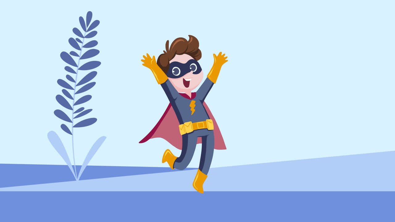 animación del icono del chico superhéroe sobre la planta