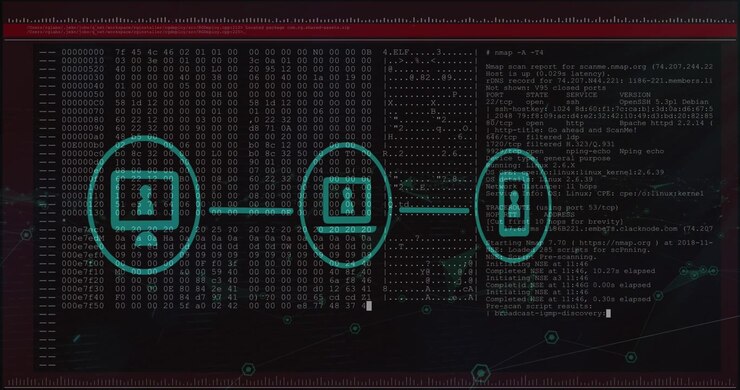 Animation of network of connections with icons over data processing