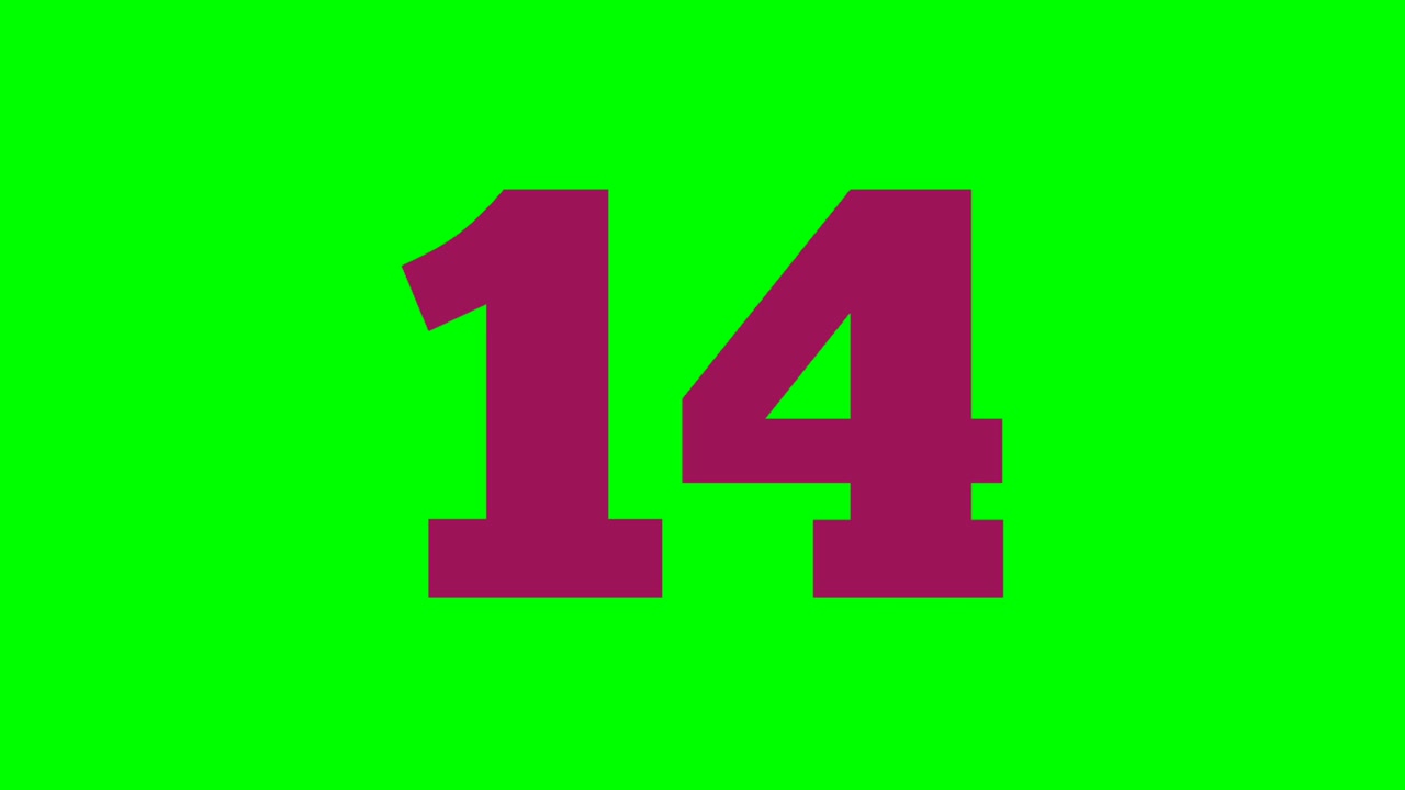 Numero Quattordici 14, animazione a cartoni animati su schermo verde. Grafica in movimento 4K di un numero a cartone animato per elementi video.