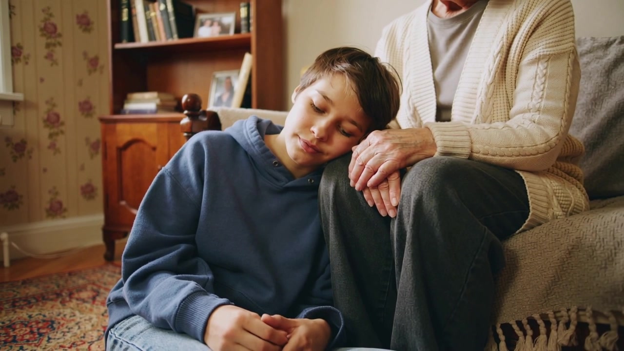 Seeking comfort, teen in blue hoodie leaning head on grandmother's knee on sofa, fidgeting fingers