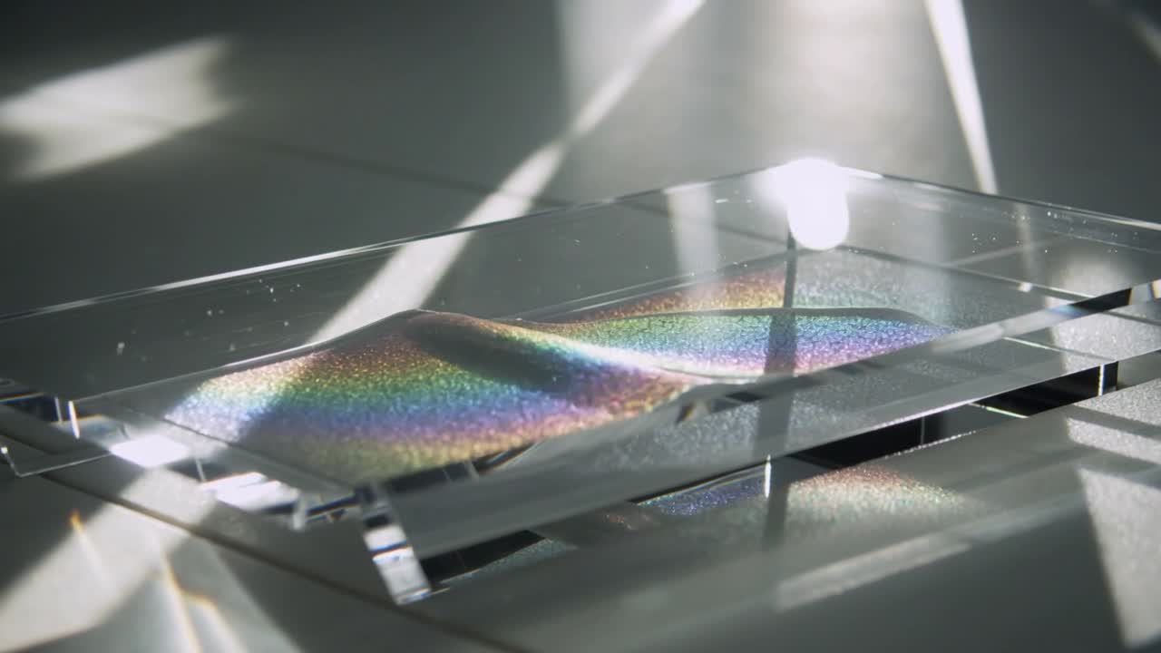 Forming central ridge, rainbow layer shifting inside clear acrylic tray on shiny table under glare
