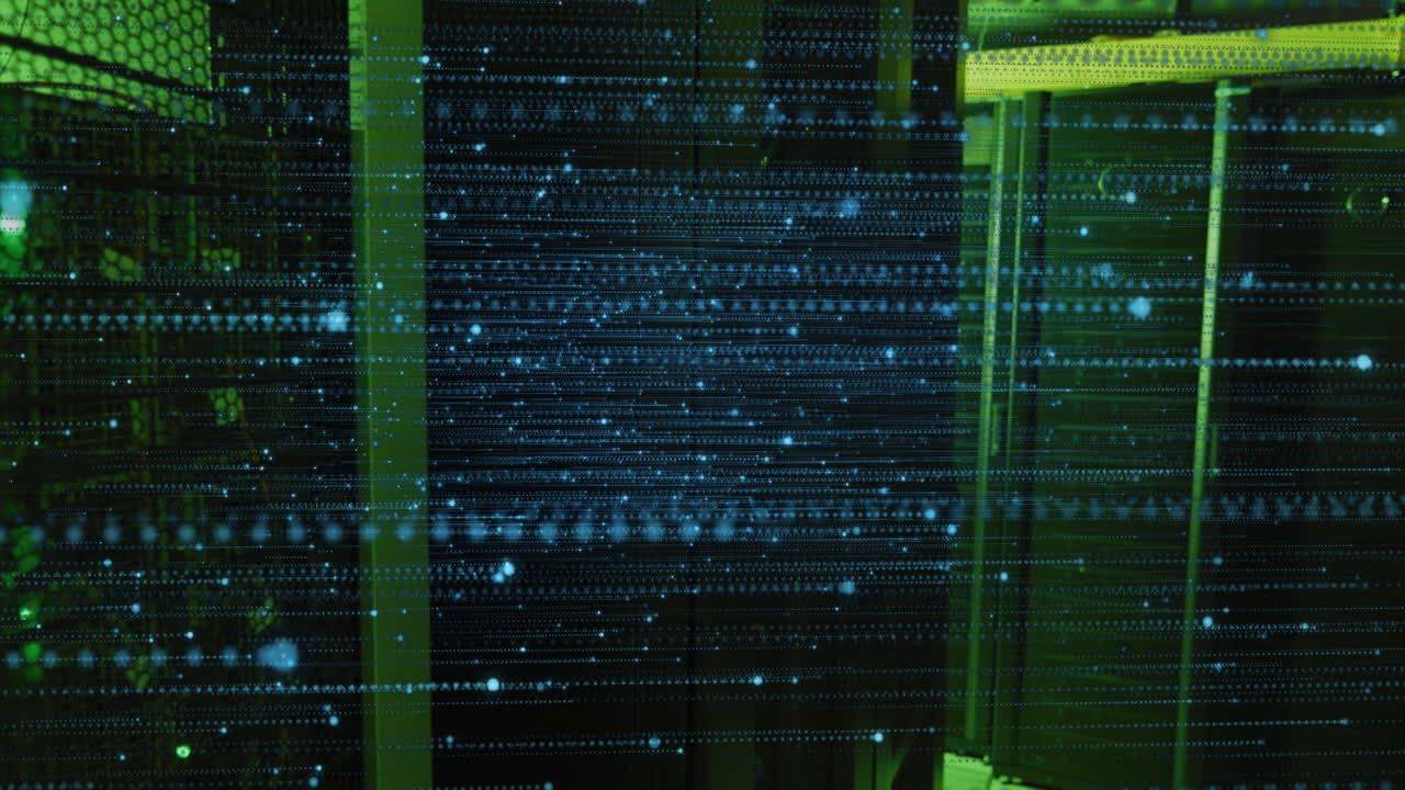 Animation of illuminated moving dots over data server room in background