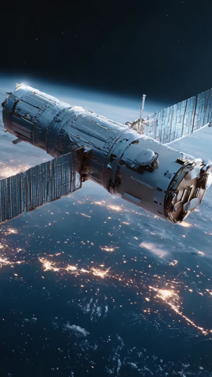 A Stunning View of a Spacecraft Orbiting Earth: Captured in Two Dramatic Frames, Showcasing the Complex Design and Brilliant Technology in Low Earth Orbit