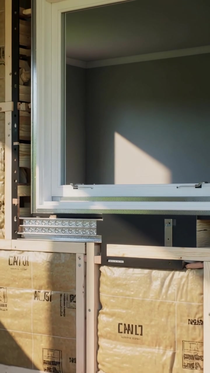 Vertical video: Low pan camera revealing vinyl window and studs to show wall transition at home