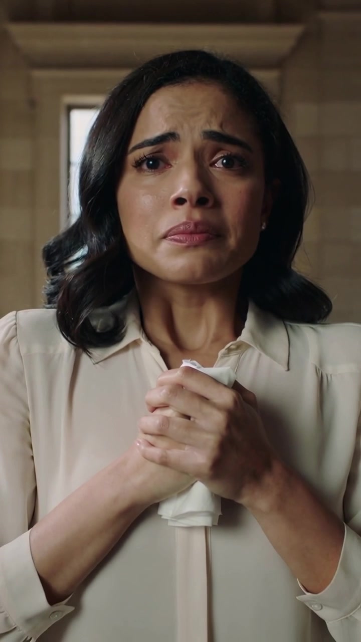 Vertical video: Pulling back camera, woman in light blouse holding tissue in formal room steadying