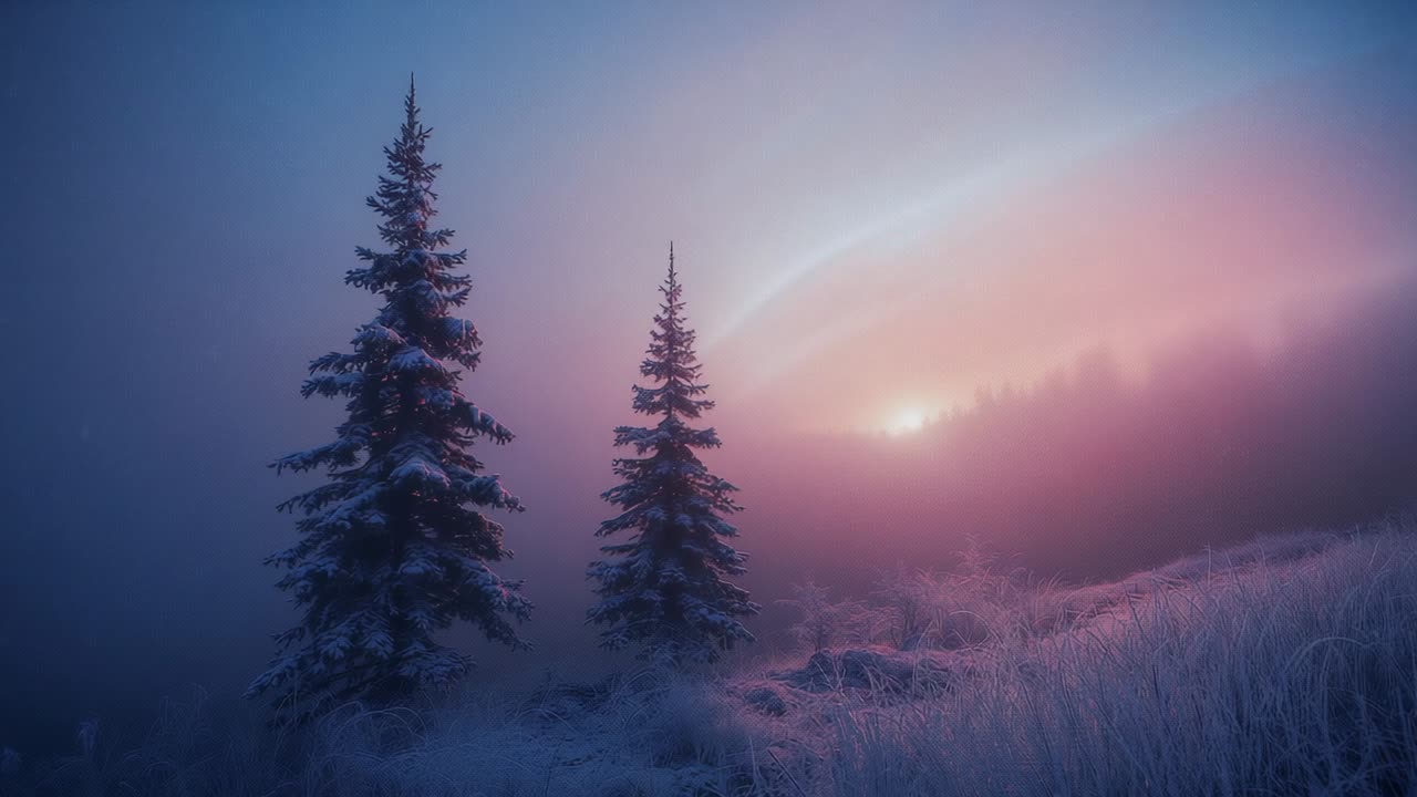 Sunrise glowing through mist revealing two snow-covered fir trees standing on frost-coated hillside