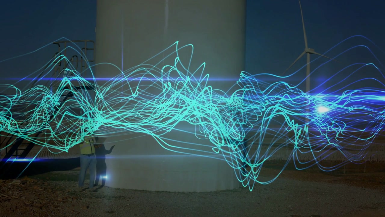 Animated cyan wave crossing frame sparking wind crew with lamp circling and inspecting turbine base