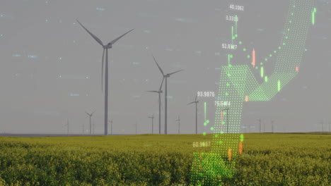 wind turbines in field with green data processing animation overlay