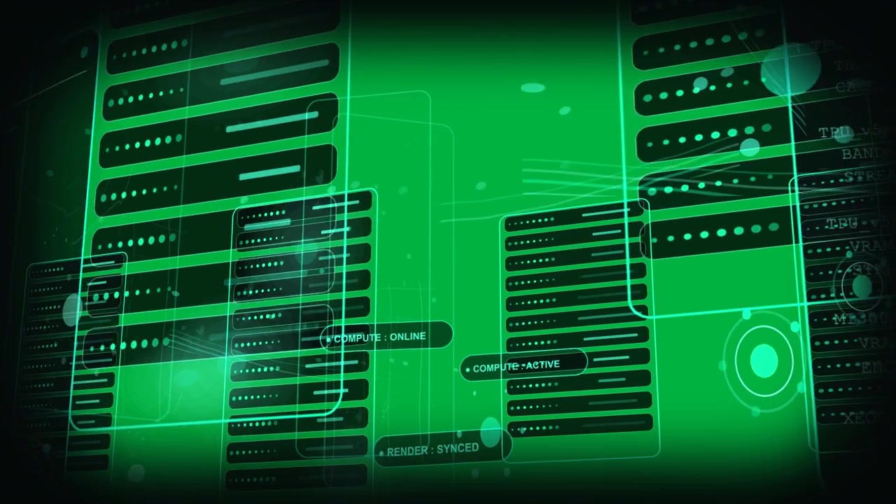 On start teal panels animating lines routing nodes pulsing syncing compute or render on transparent