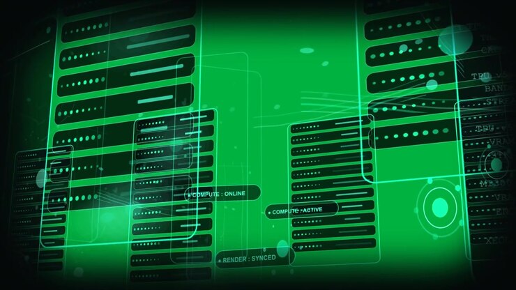 On start teal panels animating lines routing nodes pulsing syncing compute or render on transparent