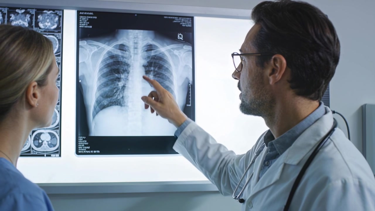 Reviewing chest xray labcoat doctor and scrub nurse pointing at backlit viewer comparing in clinic