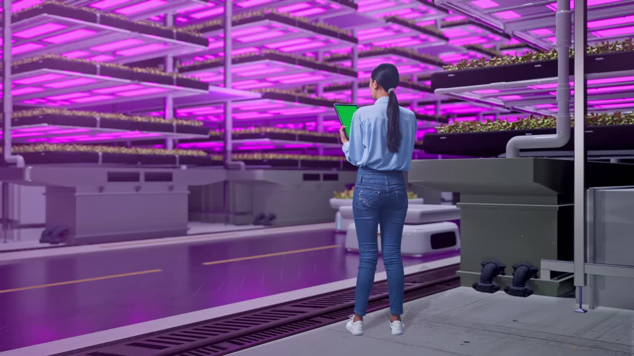 Full Body Back View Of An Asian Female Professional Worker Standing With Green Screen Tablet In Vertical Farm, High-tech Industrial Facility