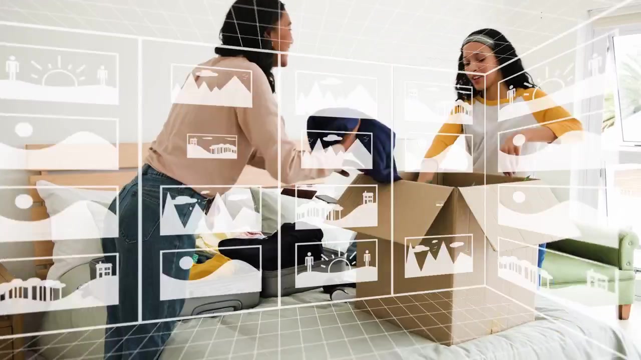 Two women opening suitcase and packing then closing box, coordinating move while AR overlaying