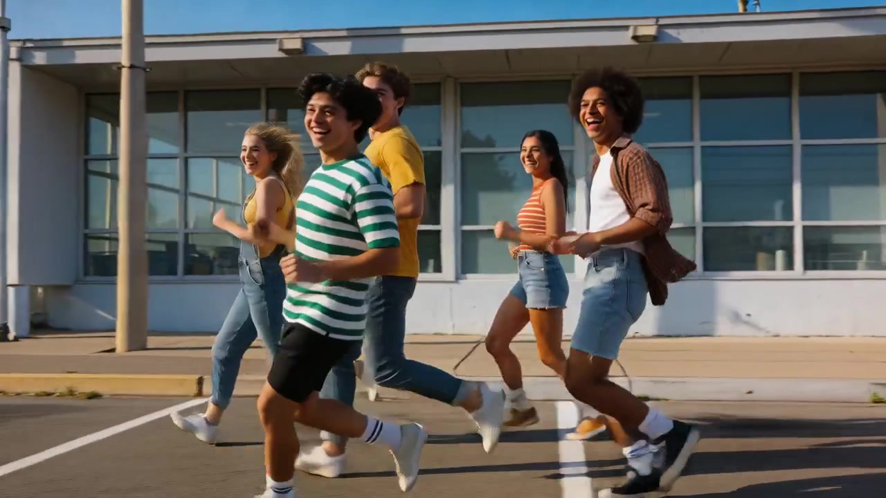 Grupo de cinco adolescentes correndo ao longo do meio-fio perto de um edifício de vidro, líder com listras verdes se divertindo