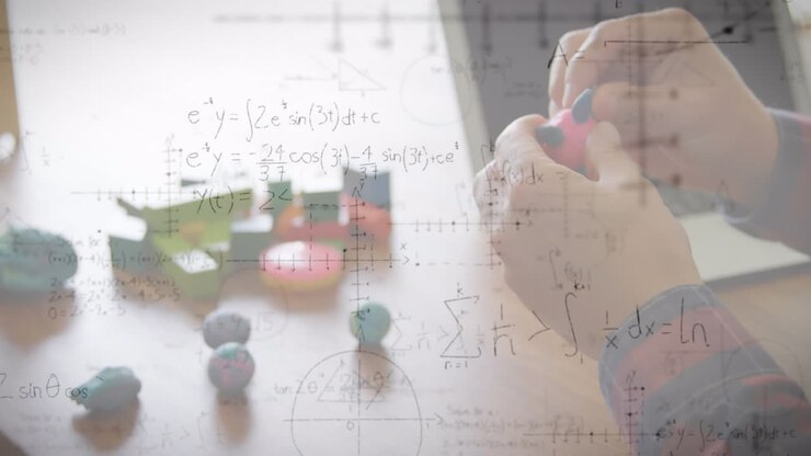 Animación de dibujos y ecuaciones matemáticas sobre un padre y una hija jugando