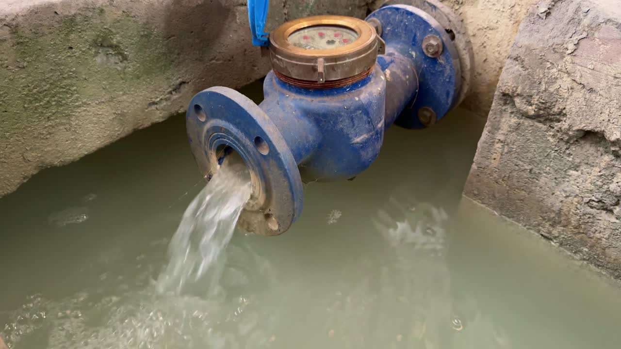 Water gushing from a large blue pipeline equipped with a flow meter. Industrial wastewater flowing on the reservoir pond