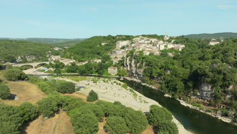 aerial dolly medieval balazuc village of character in ardèche, france