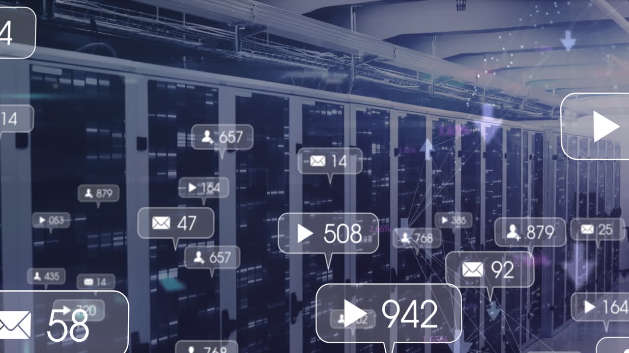Animation of multiple social media icons against mosaic squares over computer server room