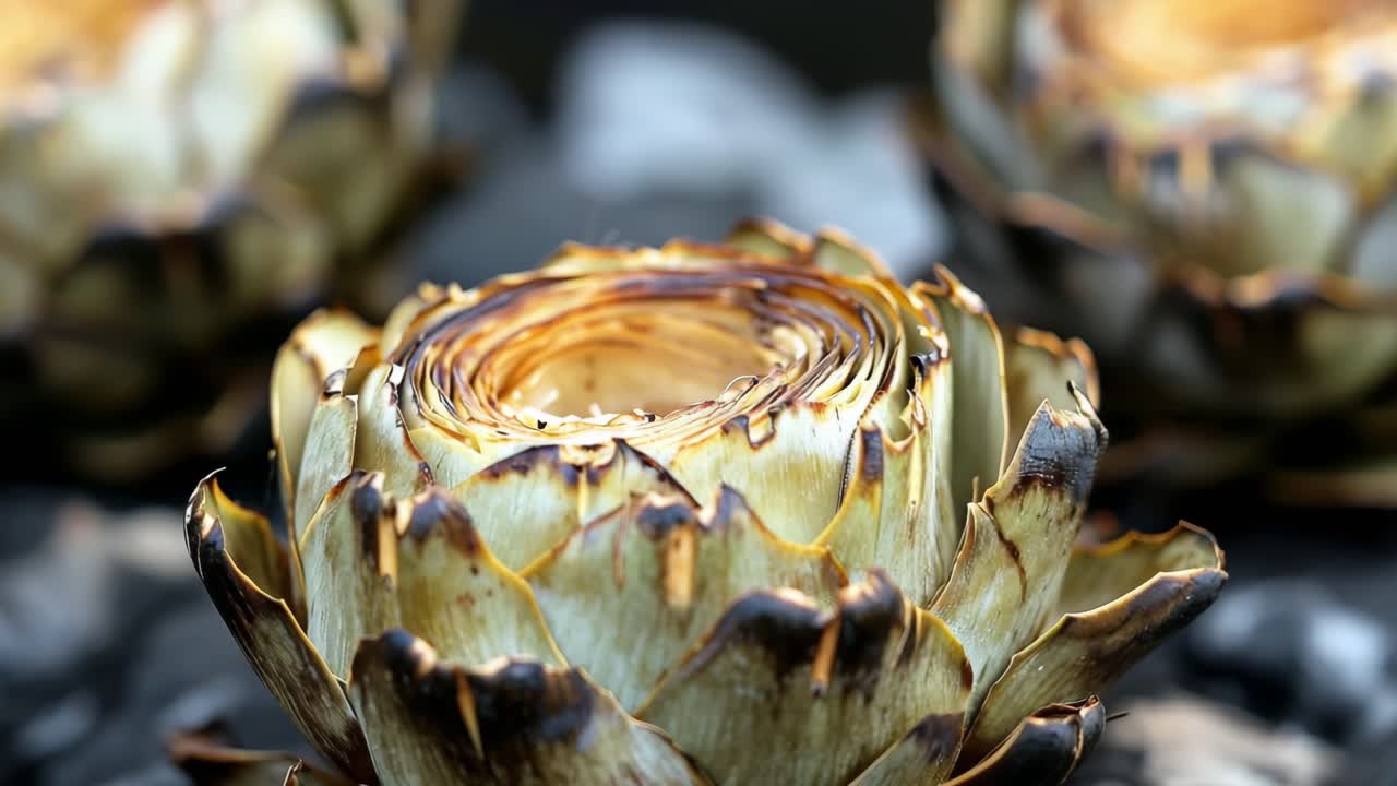 Grilling artichokes slowly on hot barbecue, turning golden brown and developing crispy exterior while absorbing smoky charcoal flavors