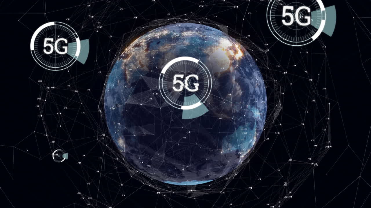 5g escrito en el medio de un círculo futurista y el globo con líneas asimétricas