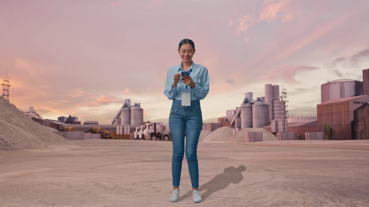 Helkroppsbilde av asiatisk kvinne med smarttelefonen sin på et industrielt sementanlegg ved solnedgang, jobber uavbrutt.