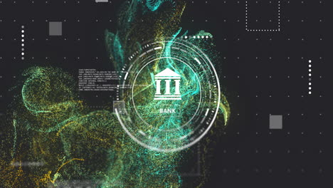 animation of financial data processing over bank symbol and connections