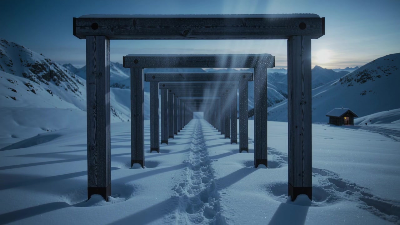 Casting shafts via wooden frames, rising sun brightening snowy pass, illuminating footprints, cabin