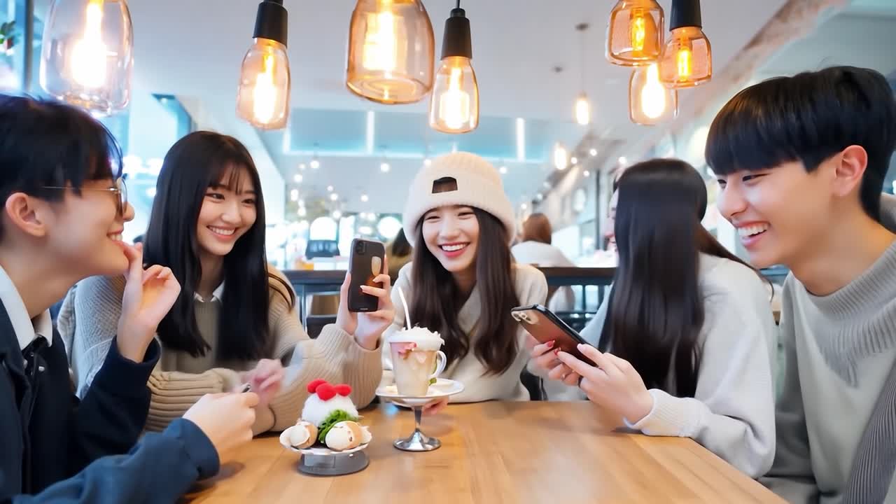 학생들이 카페에서 함께 시간을 즐기고, 웃고, 재미있는 순간을 공유하면서 스마트폰에 참여합니다.