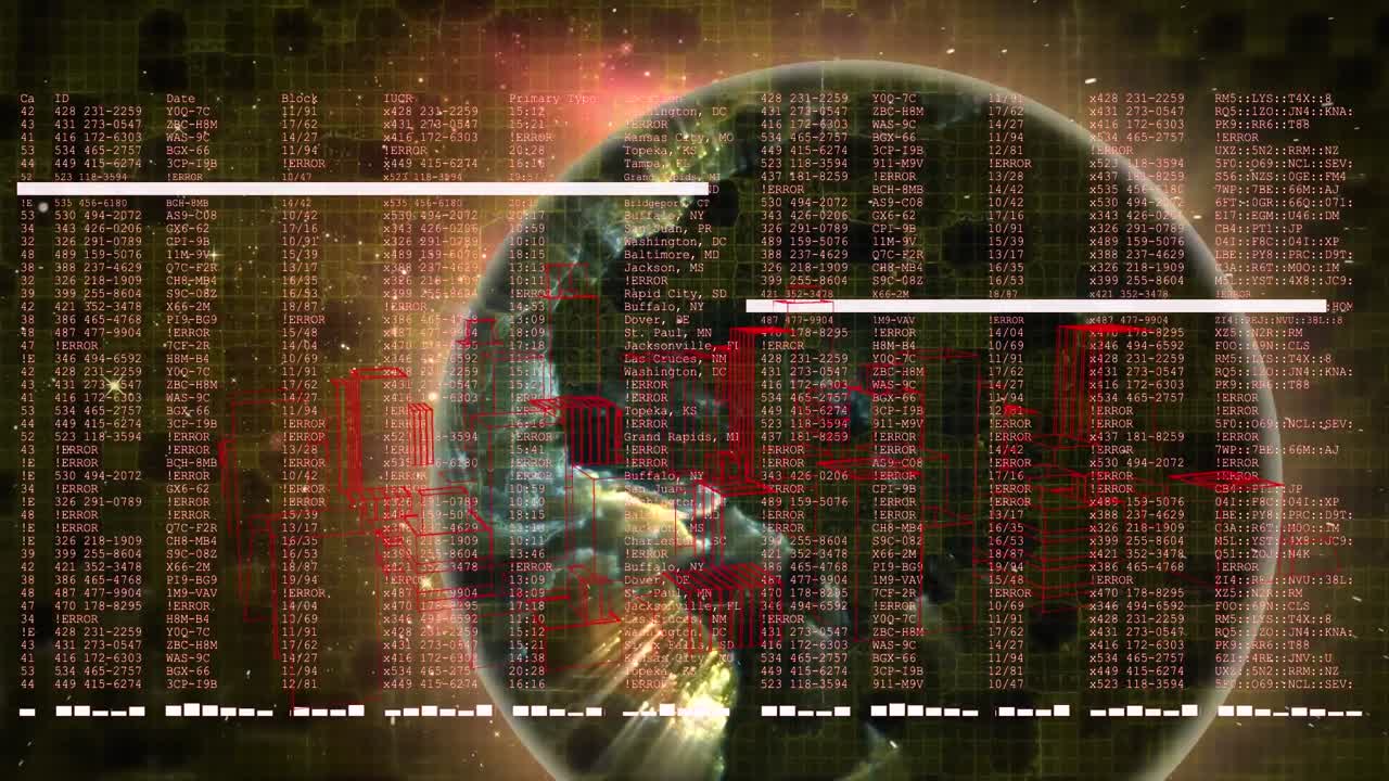 은 배경에 대해 회전하는 3d 도시 모델과 지구를 통해 데이터 처리의 애니메이션