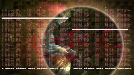 animation of data processing over spinning 3d city model and globe against red background