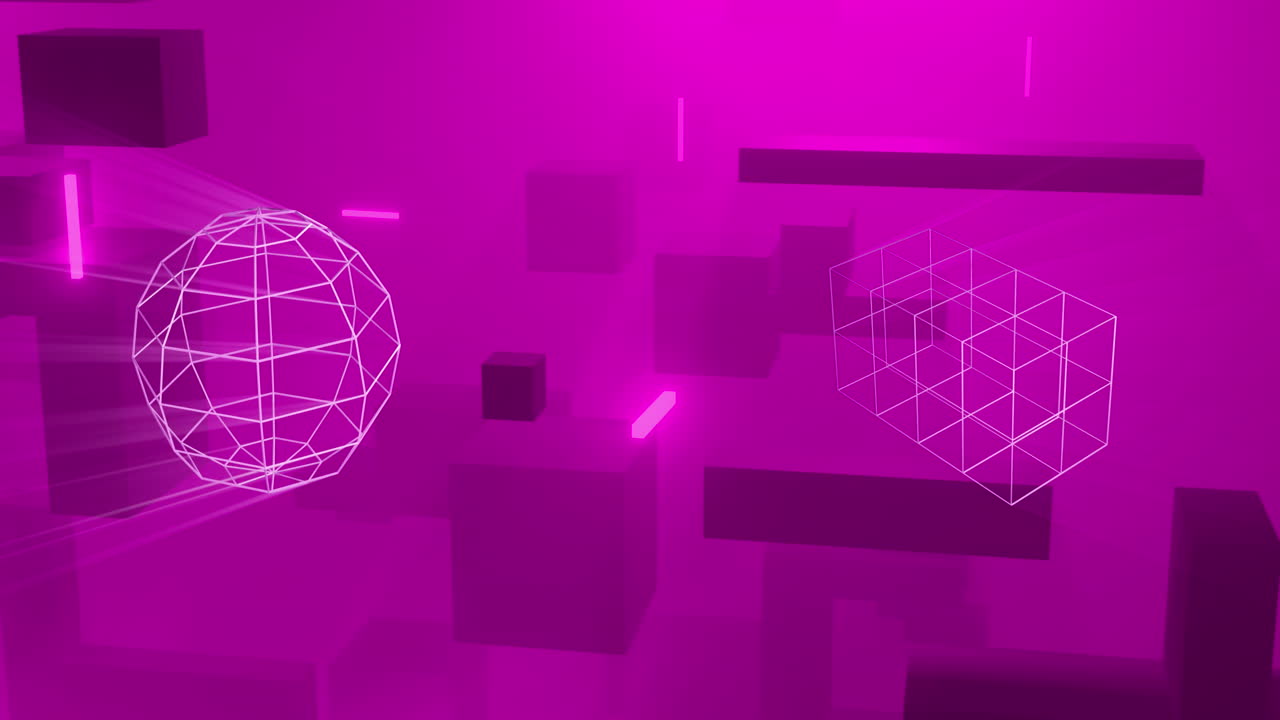 Animation of sphere, light trails and abstract shapes moving on pink background