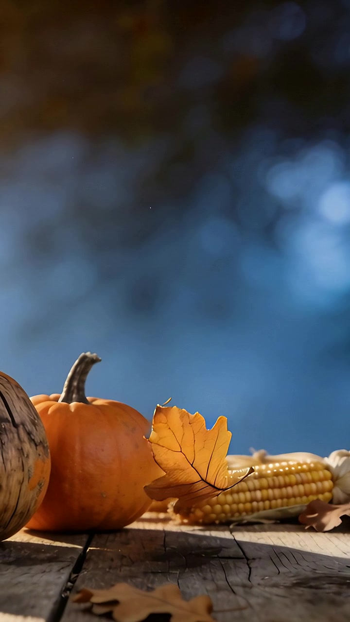 Video verticale: Foglie che fluttuano nella brezza, ruotano e si posano su un tavolo di legno con zucca, zucca ornamentale e mais