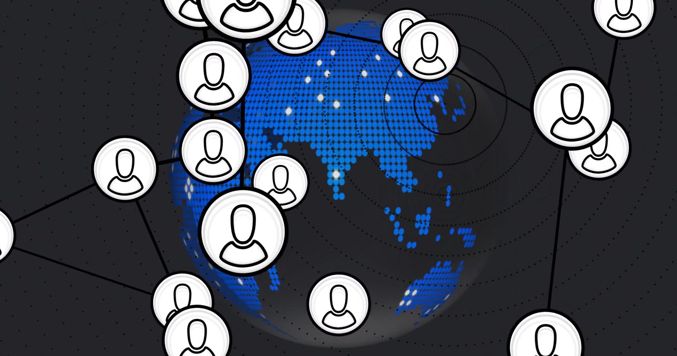 3D globe rotating initiating avatar icons spawning and linking into mesh showcasing global network