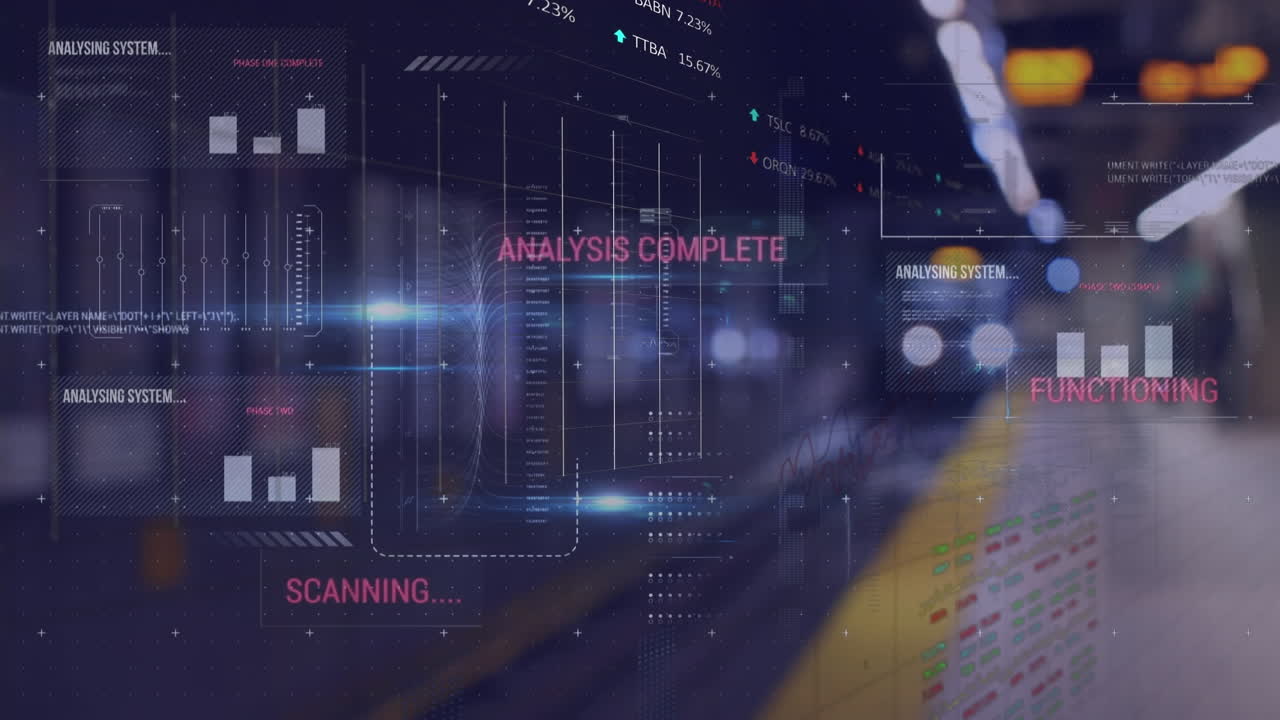Animation of digital screen with diverse data and graphs over blurred night road traffic