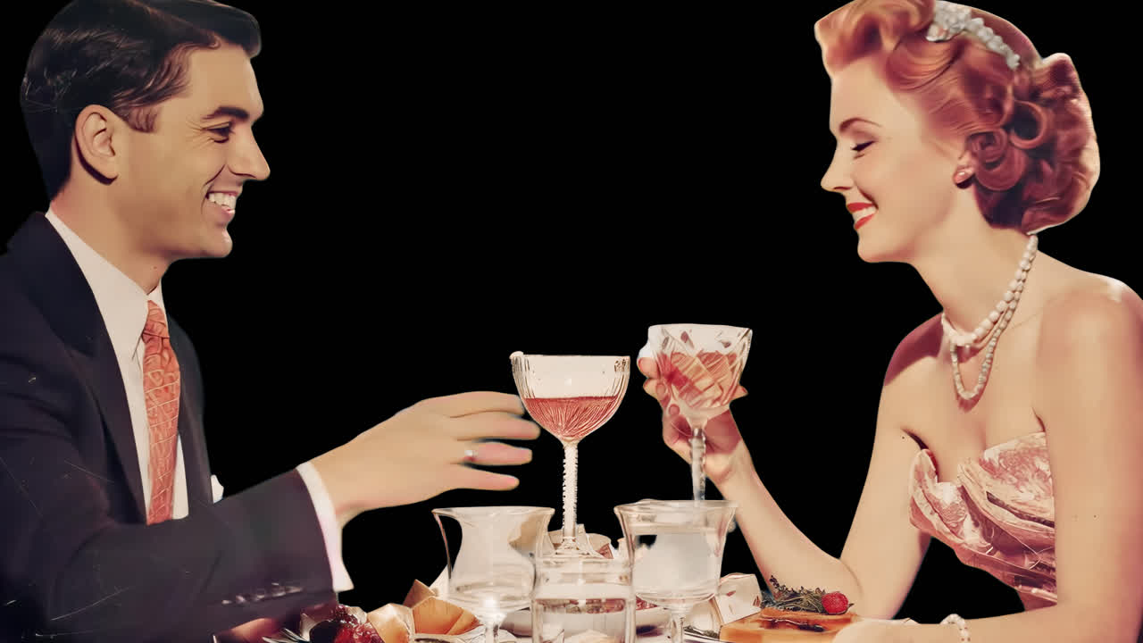 50's vintage couple on date animated overlay, transparent 4K video, alpha channel, ProRes 4444