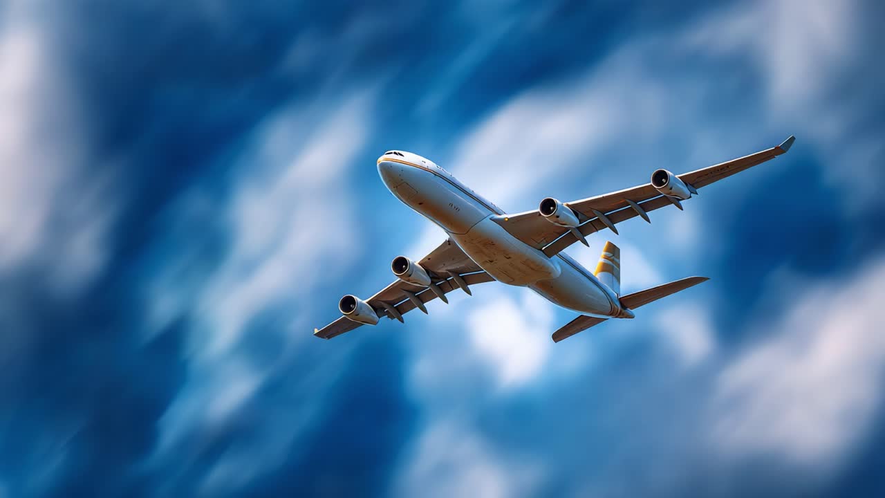 Un aereo maestoso si libra con eleganza in un cielo dinamico, mettendo in mostra il suo design aerodinamico e i suoi motori potenti in un volo mozzafiato su uno sfondo pieno di nuvole
