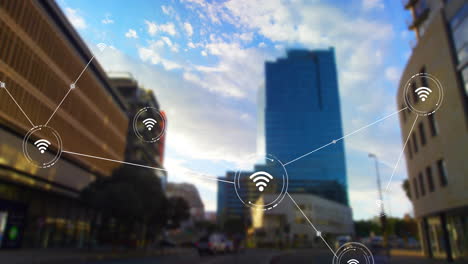 animación de la red de conexiones con procesamiento de datos sobre el paisaje urbano