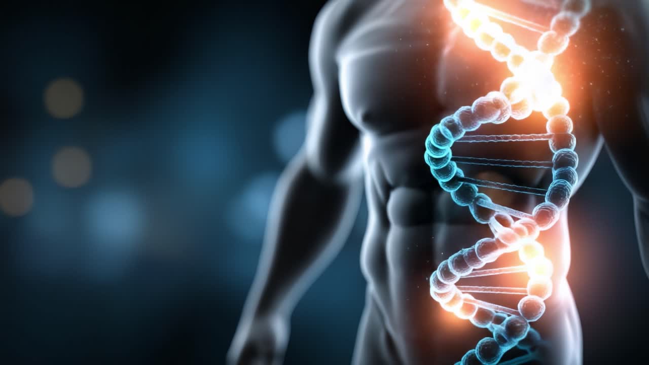 Exploring the Intricacies of Human Genetics: A Visual Representation of DNA's Role in Shaping Our Biological Identity Through Dynamic Scientific Imagery