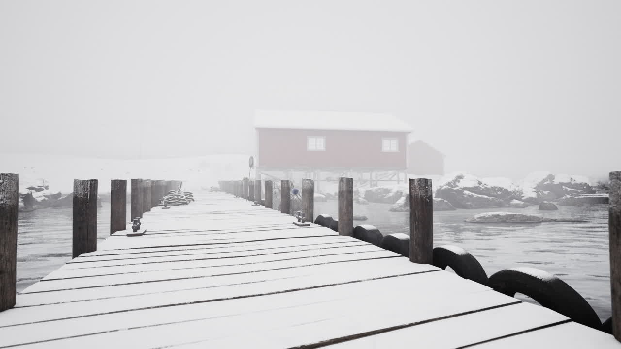 빨간색 오두막으로 이어지는 눈 인 도크