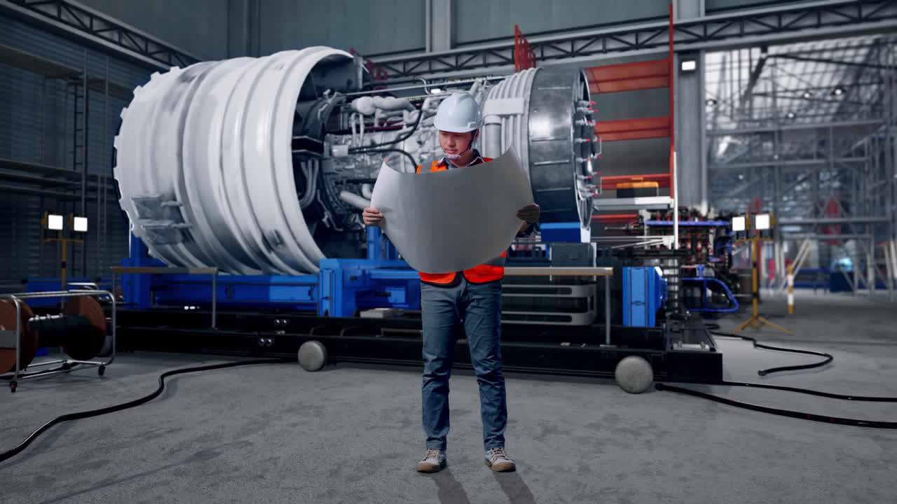 Full Body Of Asian Male Engineer With Safety Helmet Looking At Blueprint In His Hands And Looking Around While Standing With Airplane Engine Maintenance Conducted, Analytics Checking the Turbine