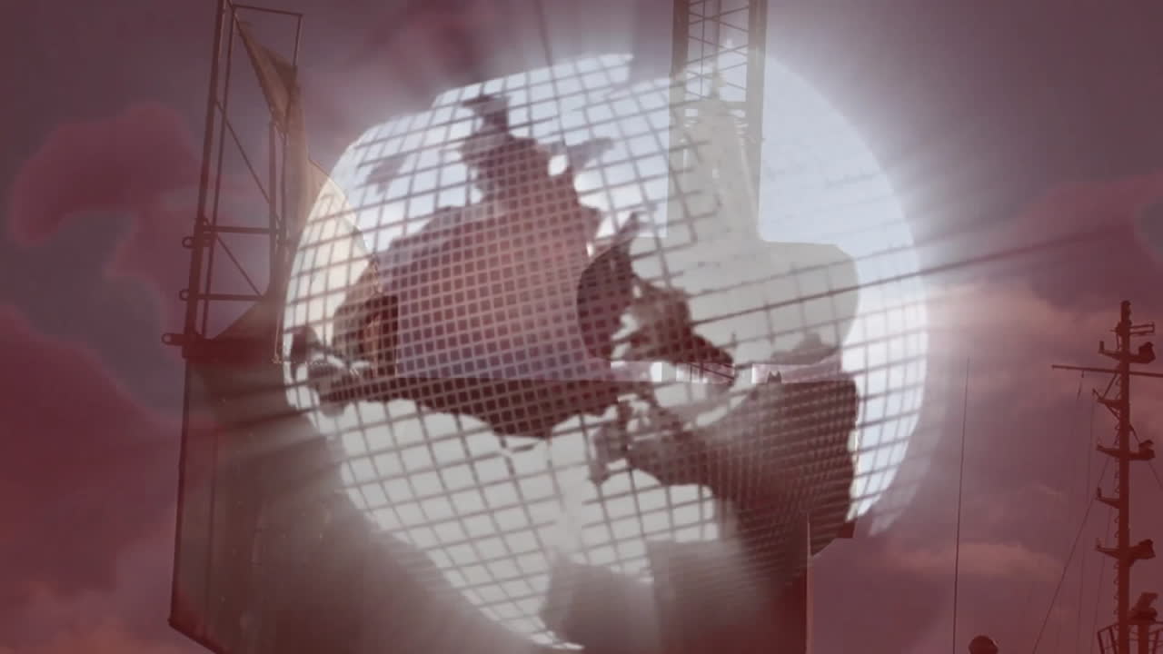 Rotating globe animation with cranes at construction site