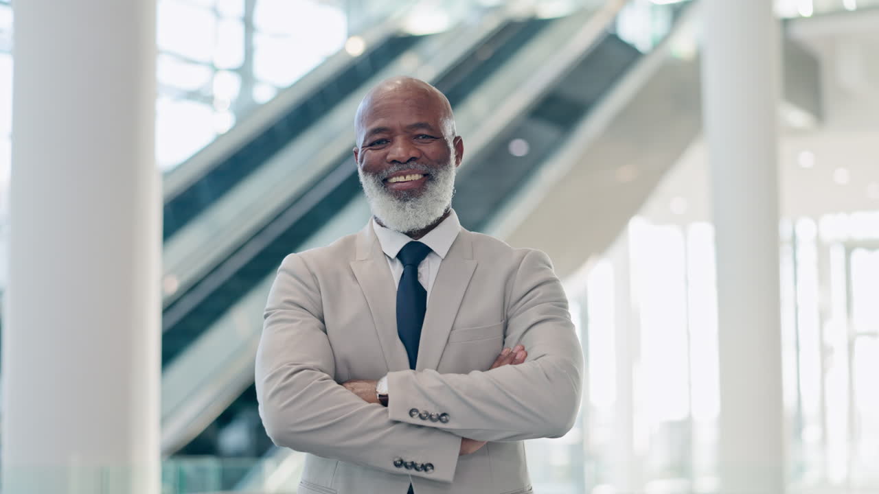 Smile, arms crossed and business with black man