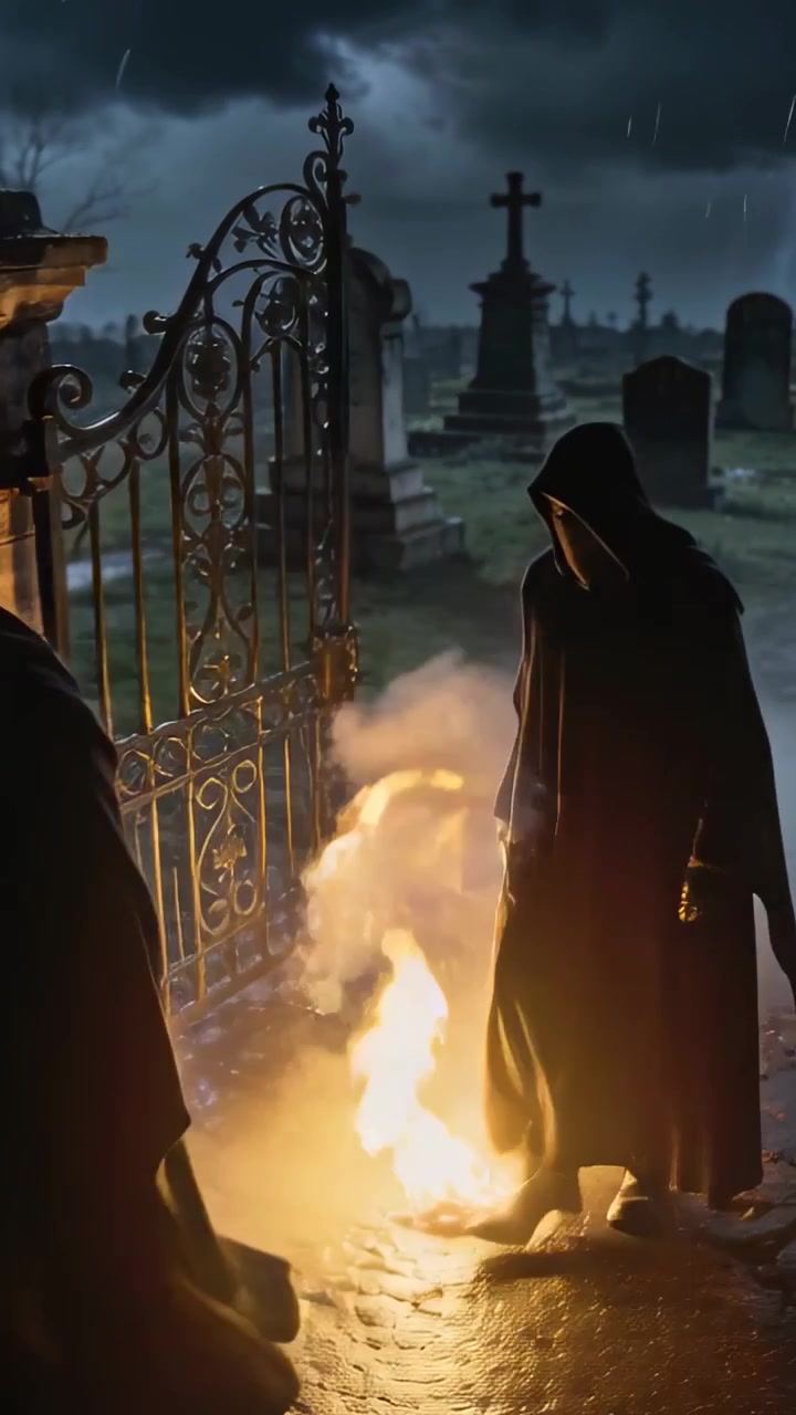 Vertical video: Stepping lead hooded cloak figure entering cemetery gate at night, prompted by fire