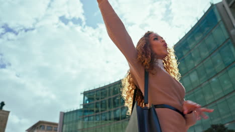 happy, dance and business woman in city excited