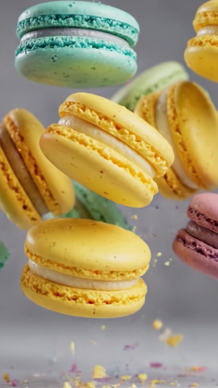 A Vibrant Array of Floating Macarons: A Colorful Display of Delicate Pastries in Mid-Air, Showcasing Their Diverse Shades and Textures for a Sweet Visual Treat