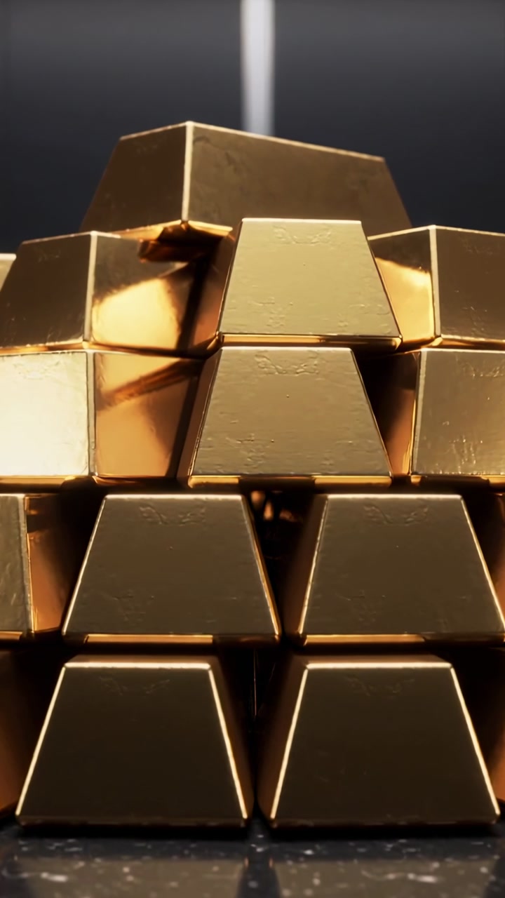 Vertical video: Shifting camera revealing gold bars stack on studio table, showing surface texture